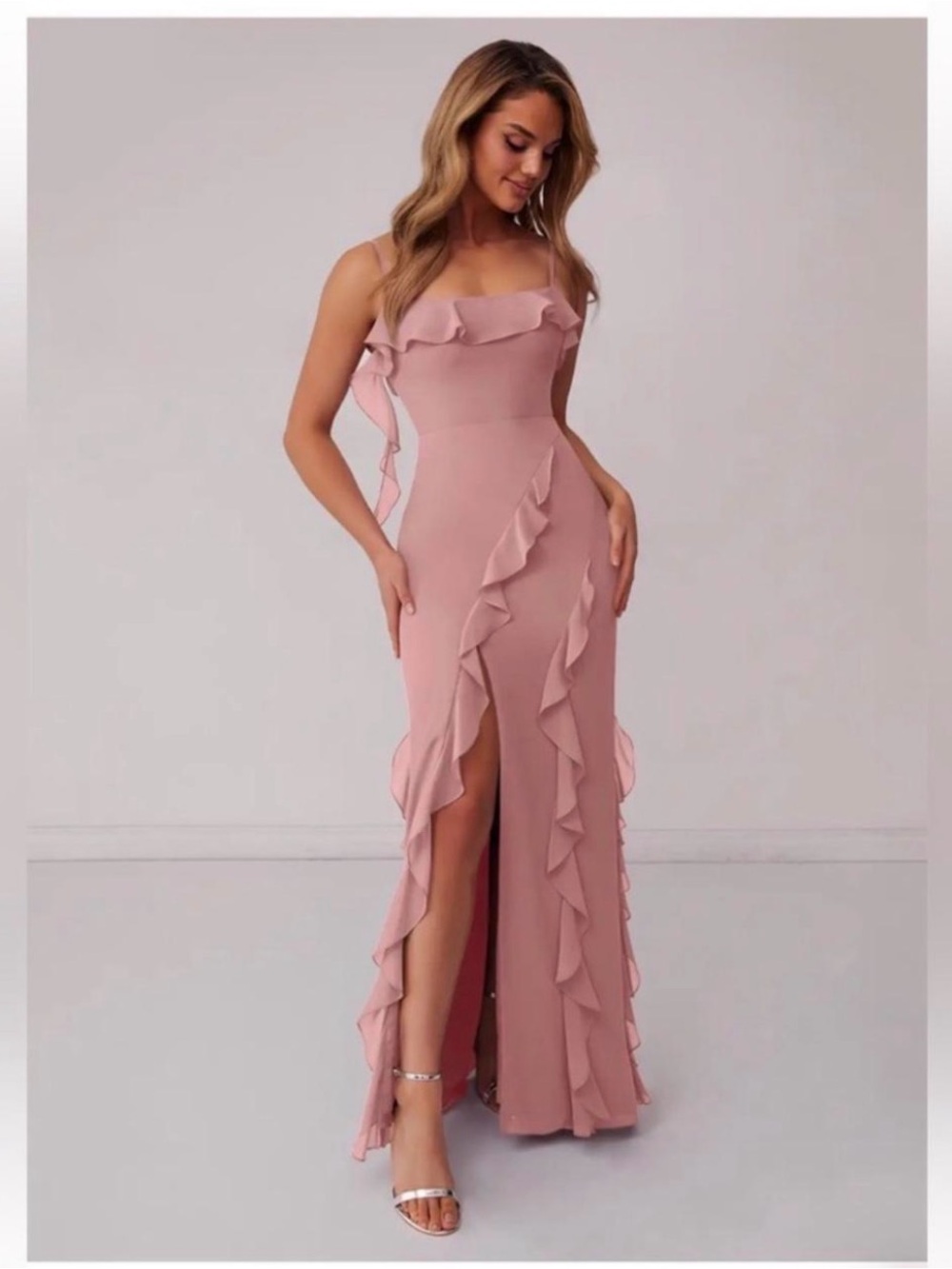 Elegant Blush Pink Ruffle Maxi Prom Dress
